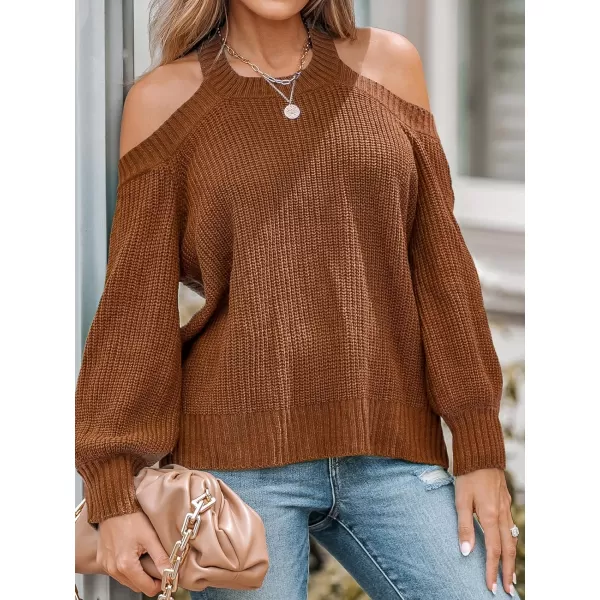 imageCUPSHE Women Pullover Sweater Open Shoulder Choker Sexy Back Long Sleeves Loose Chunky Knit TopsBrown