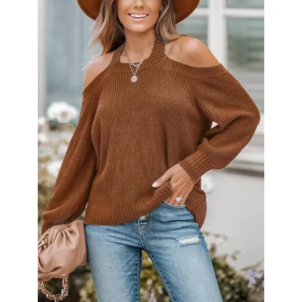 imageCUPSHE Women Pullover Sweater Open Shoulder Choker Sexy Back Long Sleeves Loose Chunky Knit TopsBrown