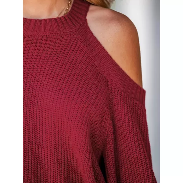 imageCUPSHE Women Pullover Sweater Open Shoulder Choker Sexy Back Long Sleeves Loose Chunky Knit TopsCrimson