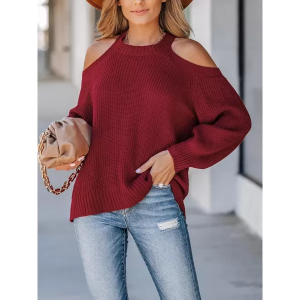 imageCUPSHE Women Pullover Sweater Open Shoulder Choker Sexy Back Long Sleeves Loose Chunky Knit TopsCrimson