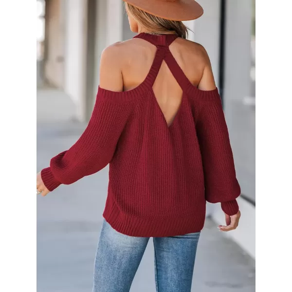 imageCUPSHE Women Pullover Sweater Open Shoulder Choker Sexy Back Long Sleeves Loose Chunky Knit TopsCrimson