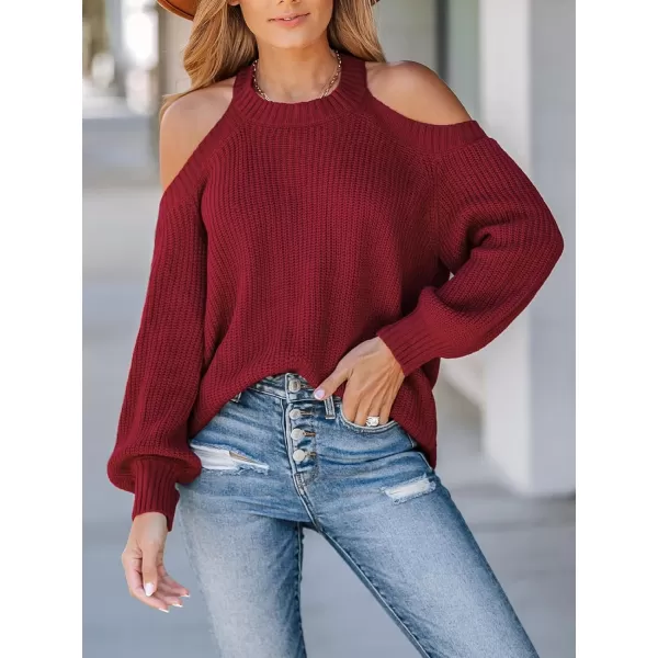 imageCUPSHE Women Pullover Sweater Open Shoulder Choker Sexy Back Long Sleeves Loose Chunky Knit TopsCrimson