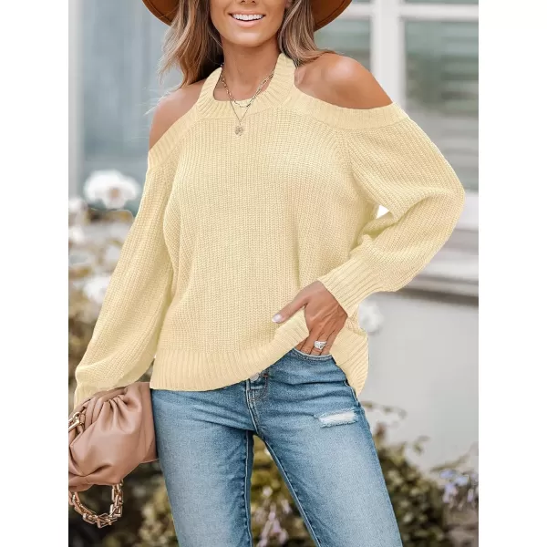imageCUPSHE Women Pullover Sweater Open Shoulder Choker Sexy Back Long Sleeves Loose Chunky Knit TopsSand