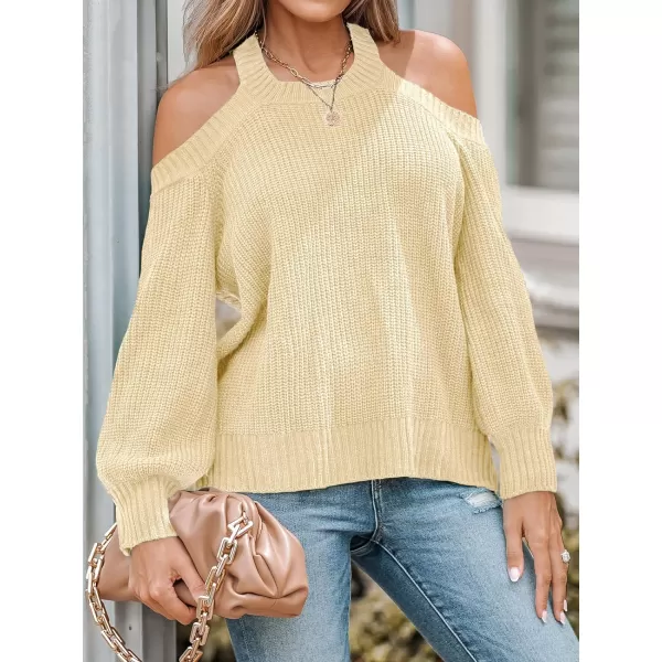 imageCUPSHE Women Pullover Sweater Open Shoulder Choker Sexy Back Long Sleeves Loose Chunky Knit TopsSand