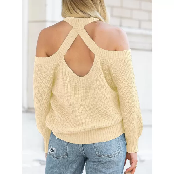 imageCUPSHE Women Pullover Sweater Open Shoulder Choker Sexy Back Long Sleeves Loose Chunky Knit TopsSand