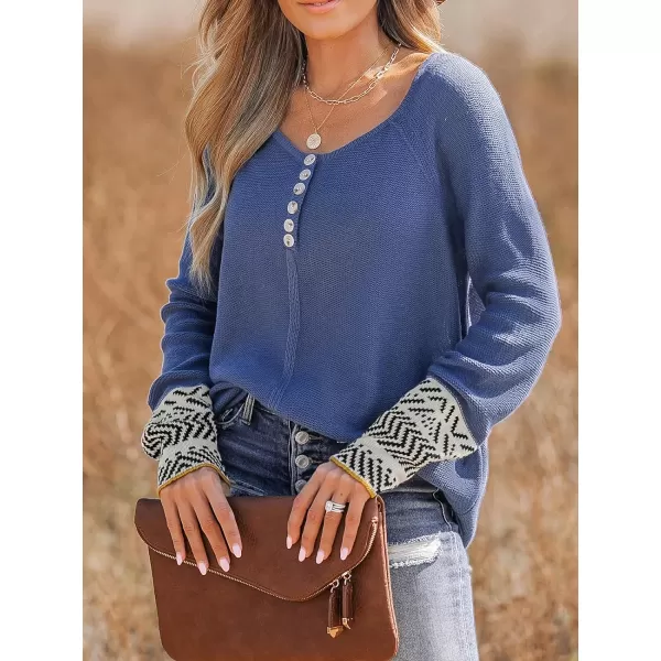 imageCUPSHE Women Pullover Sweater Scoop Neck HalfButton Ribbed Long Raglan Sleeves Jumper TopsBlue