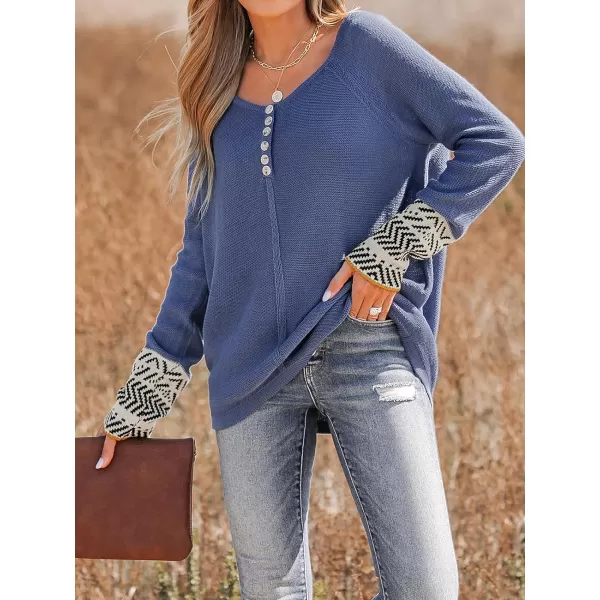 imageCUPSHE Women Pullover Sweater Scoop Neck HalfButton Ribbed Long Raglan Sleeves Jumper TopsBlue