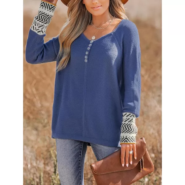 imageCUPSHE Women Pullover Sweater Scoop Neck HalfButton Ribbed Long Raglan Sleeves Jumper TopsBlue