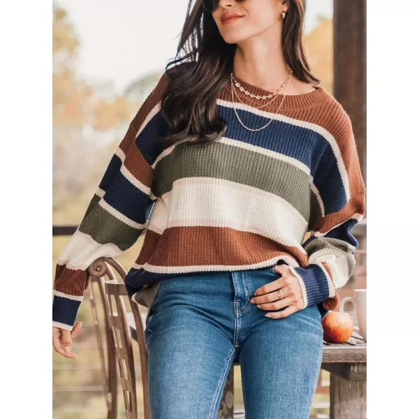 imageCUPSHE Women Pullover Sweater Striped Round Neck Dropped Long Sleeves Jumper TopsBrown Stripe