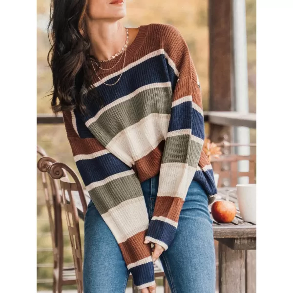 imageCUPSHE Women Pullover Sweater Striped Round Neck Dropped Long Sleeves Jumper TopsBrown Stripe