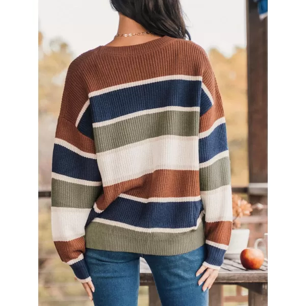 imageCUPSHE Women Pullover Sweater Striped Round Neck Dropped Long Sleeves Jumper TopsBrown Stripe