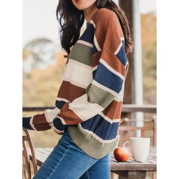 imageCUPSHE Women Pullover Sweater Striped Round Neck Dropped Long Sleeves Jumper TopsBrown Stripe
