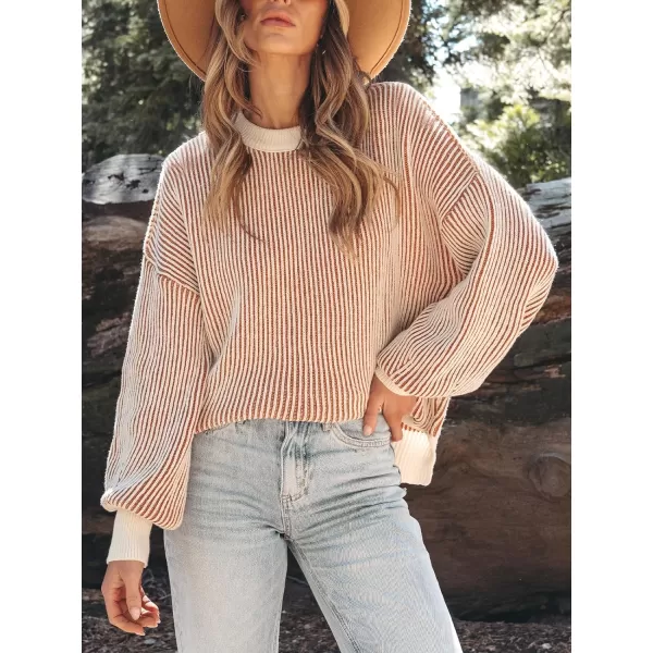 imageCUPSHE Women Pullover Sweater Striped Round Neck Ribbed Long Sleeves Blouse TopsOrange
