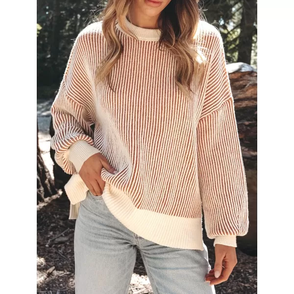 imageCUPSHE Women Pullover Sweater Striped Round Neck Ribbed Long Sleeves Blouse TopsOrange