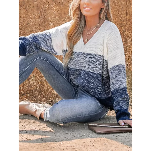 imageCUPSHE Women Pullover Sweater Striped VNeck Drop Sleeve Ribbed Knit Jumper TopsBlue Striped