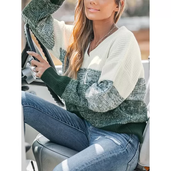 imageCUPSHE Women Pullover Sweater Striped VNeck Drop Sleeve Ribbed Knit Jumper TopsGreen Striped