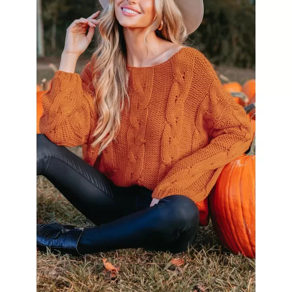 imageCUPSHE Women Pullover Sweaters Boat Neck Cable Knit Drop Sleeve Ribbed JumperOrange
