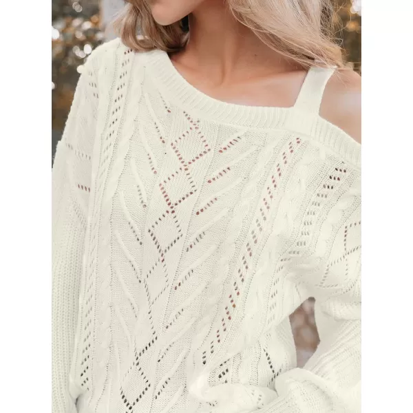 imageCUPSHE Women Pullover Sweaters Cutout Cable Knit OneShoulder Drop Sleeve Single Strap Ribbed JumperWhite