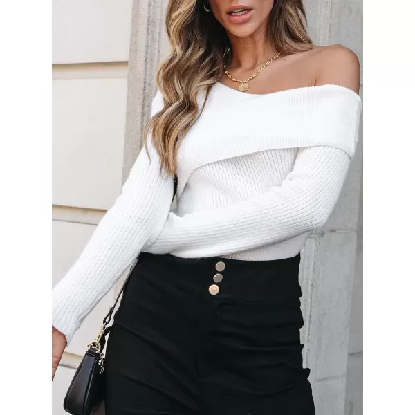 imageCUPSHE Women Pullover Sweaters OneShoulder Rib Wrap Long Sleeves Fitted Jumper TopsWhite