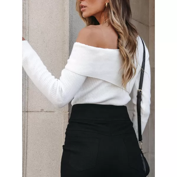 imageCUPSHE Women Pullover Sweaters OneShoulder Rib Wrap Long Sleeves Fitted Jumper TopsWhite