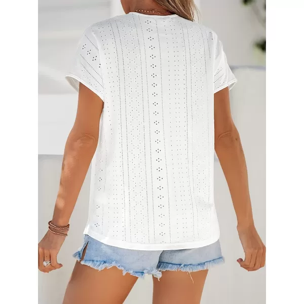 imageCUPSHE Women Rainbow Lace Trim Eyelet Top V Neck Shirt Short Sleeves Tee CasualWhite