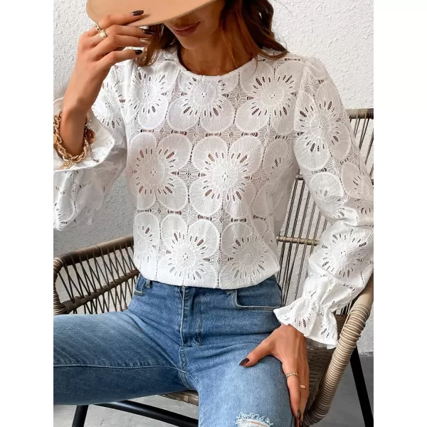 imageCUPSHE Women Round Neck Long Sleeve Lace Appliques Shirts Casual Tank TopsWhite