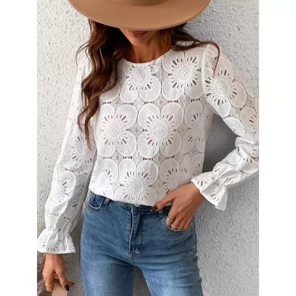 imageCUPSHE Women Round Neck Long Sleeve Lace Appliques Shirts Casual Tank TopsWhite