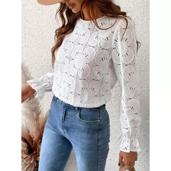 imageCUPSHE Women Round Neck Long Sleeve Lace Appliques Shirts Casual Tank TopsWhite