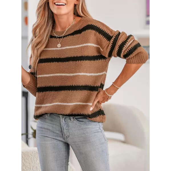 imageCUPSHE Women Round Neck Striped Sweater Knit Casual Tops Long SleevesBrown Striped