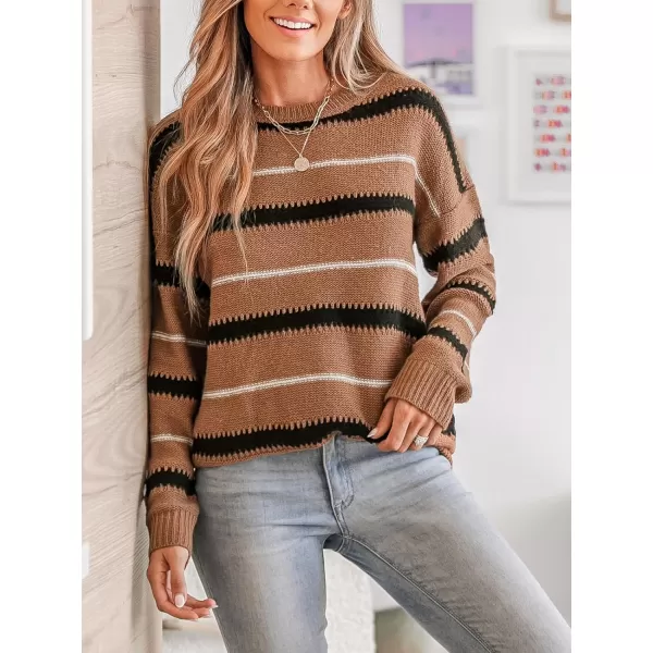 imageCUPSHE Women Round Neck Striped Sweater Knit Casual Tops Long SleevesBrown Striped