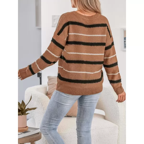 imageCUPSHE Women Round Neck Striped Sweater Knit Casual Tops Long SleevesBrown Striped