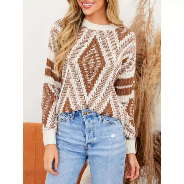 imageCUPSHE Women Round Neck Sweater Knit Geometric Patterned Casual Tops Long Sleeves SweatersBrown