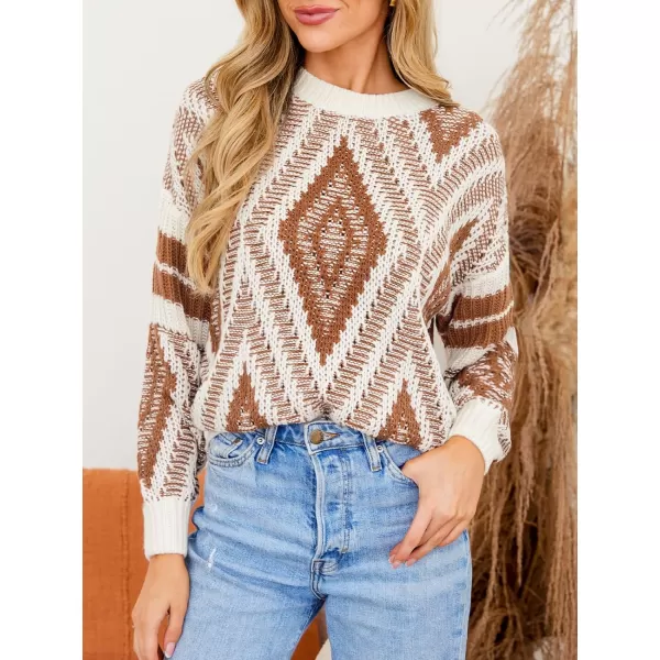 imageCUPSHE Women Round Neck Sweater Knit Geometric Patterned Casual Tops Long Sleeves SweatersBrown