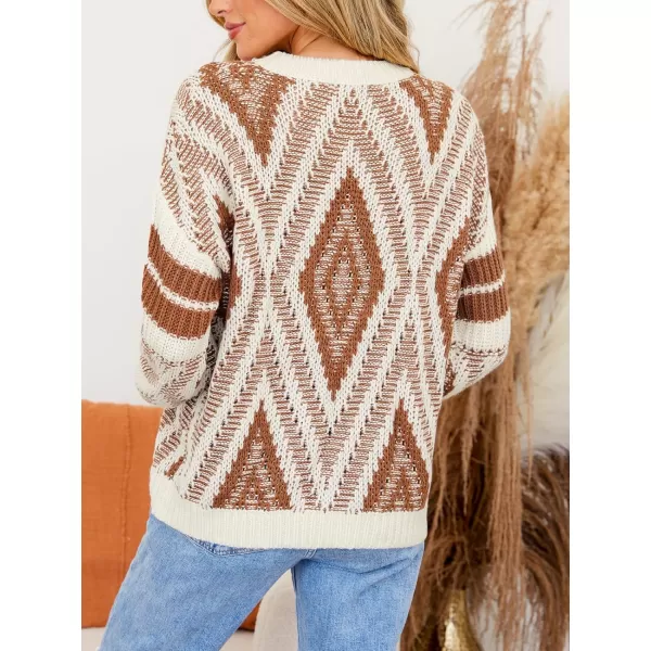 imageCUPSHE Women Round Neck Sweater Knit Geometric Patterned Casual Tops Long Sleeves SweatersBrown