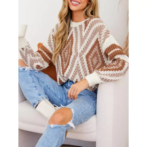 imageCUPSHE Women Round Neck Sweater Knit Geometric Patterned Casual Tops Long Sleeves SweatersBrown