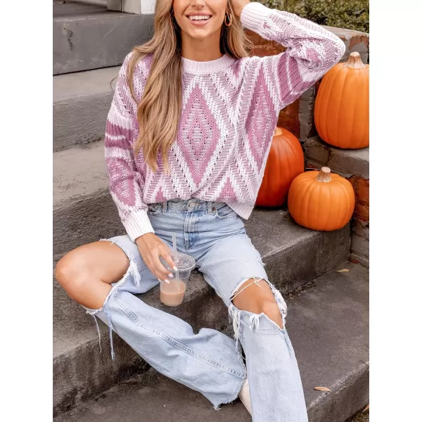 imageCUPSHE Women Round Neck Sweater Knit Geometric Patterned Casual Tops Long Sleeves SweatersPurple