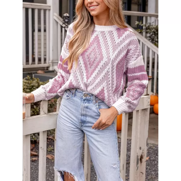 imageCUPSHE Women Round Neck Sweater Knit Geometric Patterned Casual Tops Long Sleeves SweatersPurple