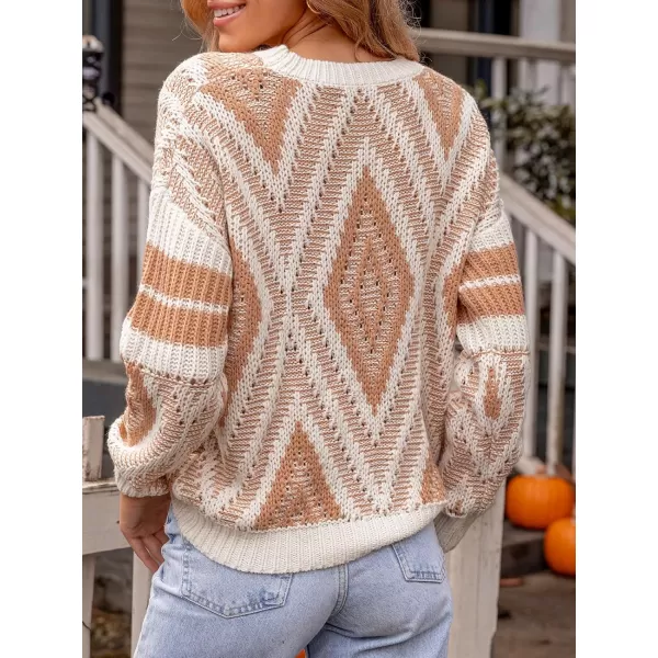 imageCUPSHE Women Round Neck Sweater Knit Geometric Patterned Casual Tops Long Sleeves SweatersWhite