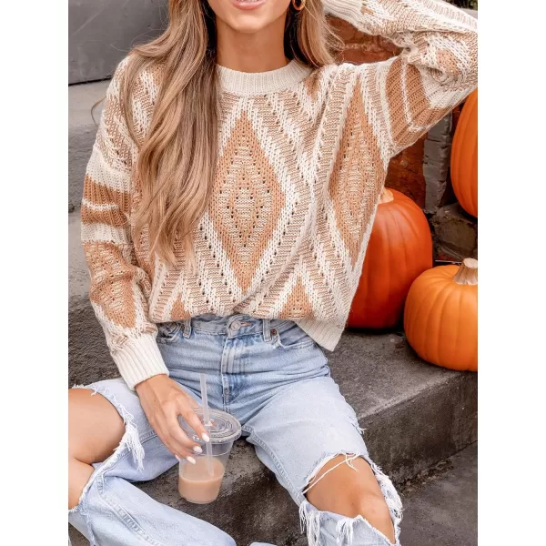 imageCUPSHE Women Round Neck Sweater Knit Geometric Patterned Casual Tops Long Sleeves SweatersWhite