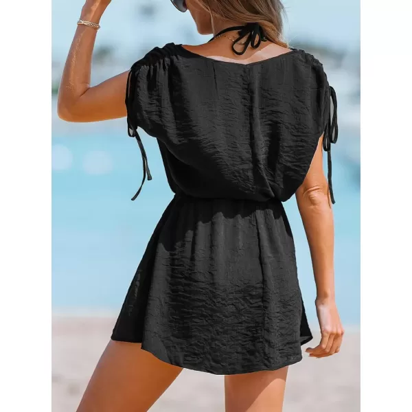 imageCUPSHE Women Ruched Drawstring CoverUp Dress Sleeveless V Neck Cover Ups Casual Beach SummerBlack