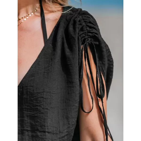 imageCUPSHE Women Ruched Drawstring CoverUp Dress Sleeveless V Neck Cover Ups Casual Beach SummerBlack
