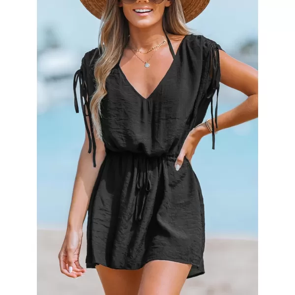 imageCUPSHE Women Ruched Drawstring CoverUp Dress Sleeveless V Neck Cover Ups Casual Beach SummerBlack