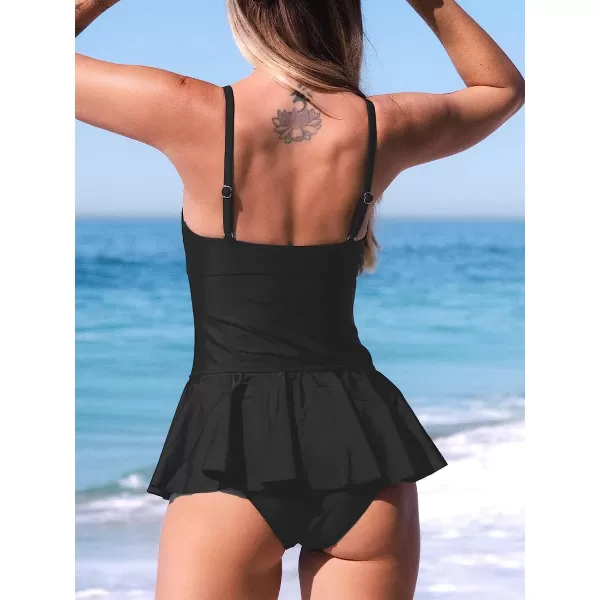 imageCUPSHE Women Ruffle Tankini Swimsuit Push Up Sweetheart Crisscross Front Ruched Bathing SuitBlack