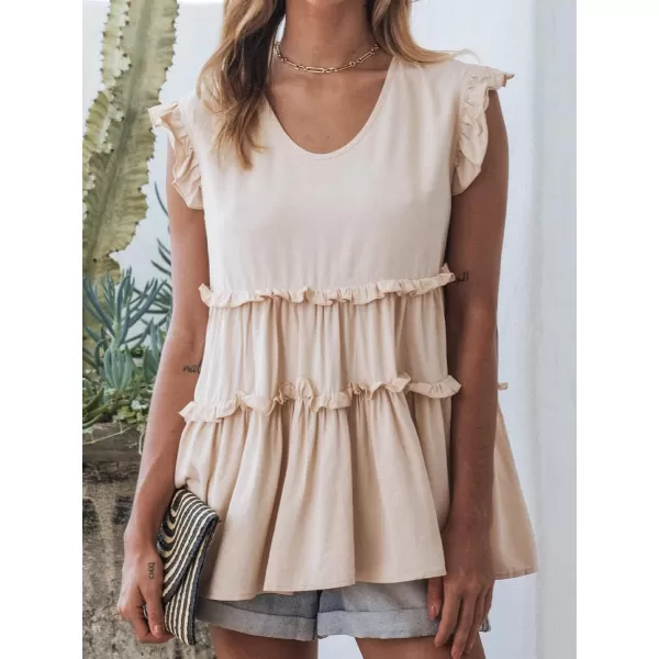 imageCUPSHE Women Ruffled Babydoll Top Crewneck Cap Sleeve Cute Tanks Tops Relaxed FitBeige