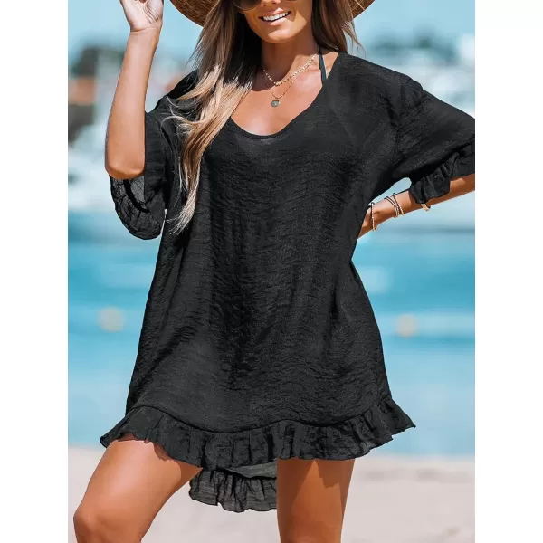 imageCUPSHE Women Ruffled Sheer CoverUp Dress Casual Summer VNeckline Short Sleeves Cover Up BlackCUPSHE Women Ruffled Sheer CoverUp Dress Casual Summer VNeckline Short Sleeves Cover Up Black
