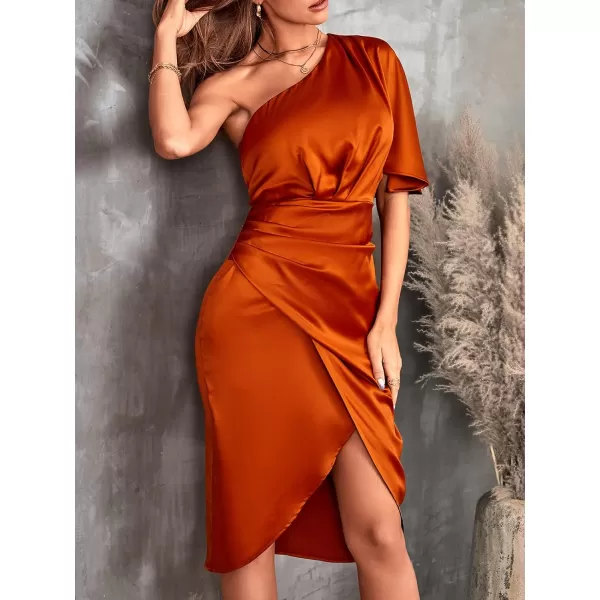 imageCUPSHE Women Satin Dress Backless One Shoulder Flared Short Sleeves Midi High Low Cocktail Party Dress with ZipperOrange