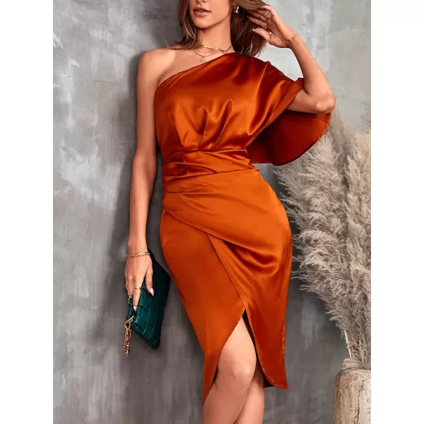 imageCUPSHE Women Satin Dress Backless One Shoulder Flared Short Sleeves Midi High Low Cocktail Party Dress with ZipperOrange