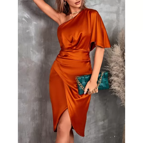 imageCUPSHE Women Satin Dress Backless One Shoulder Flared Short Sleeves Midi High Low Cocktail Party Dress with ZipperOrange