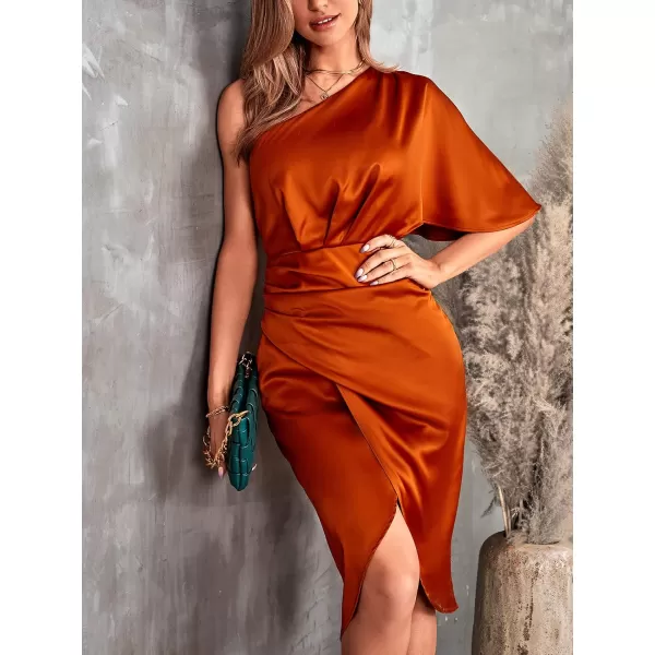 imageCUPSHE Women Satin Dress Backless One Shoulder Flared Short Sleeves Midi High Low Cocktail Party Dress with ZipperOrange