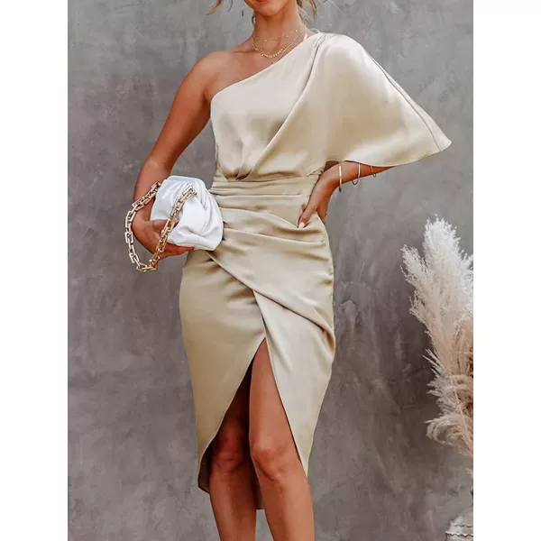 imageCUPSHE Women Satin Dress Backless One Shoulder Flared Short Sleeves Midi High Low Hem Cocktail Party Dress ZipperApricot